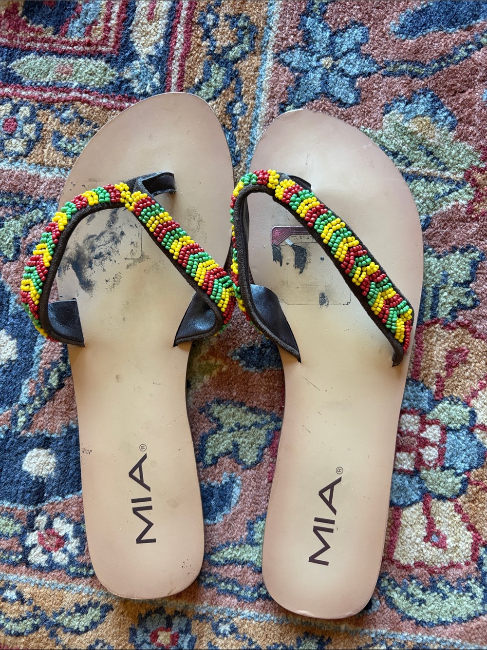 MIA Beaded Strap Flip Flop Sandals in Red, Yellow & Green